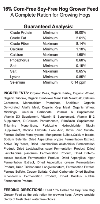 16% Organic Corn-Free Soy-Free Hog Grower